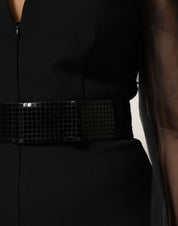 Black Sheer Sleeve Belted V-Neck Mini Dress