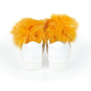 White Textile Women Sneaker With Real Fur Pom Poms