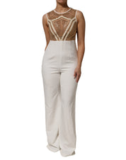 White Beige Mesh Crystal Embellished Sleeveless Jumpsuit