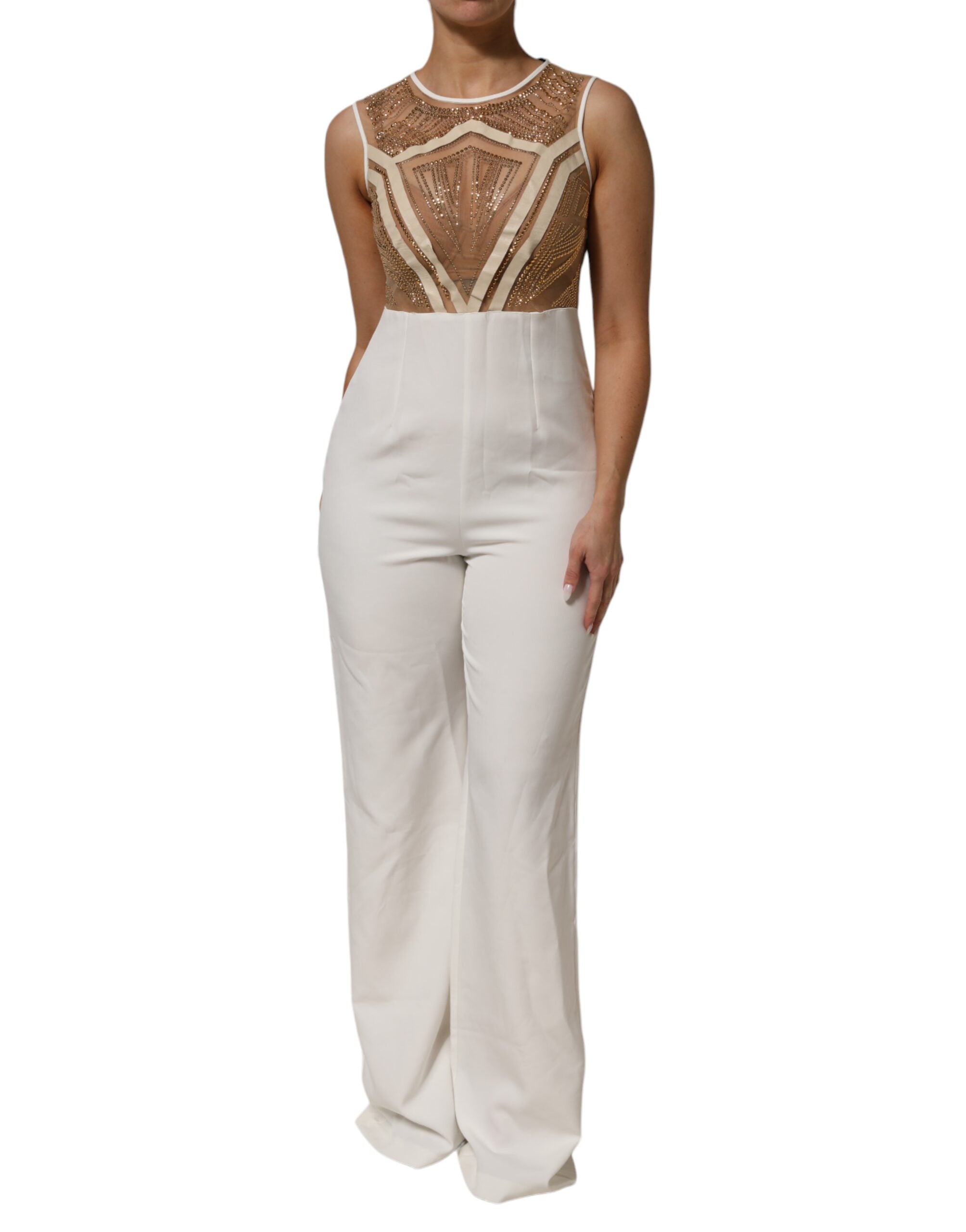 White Beige Mesh Crystal Embellished Sleeveless Jumpsuit