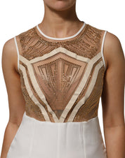 White Beige Mesh Crystal Embellished Sleeveless Jumpsuit