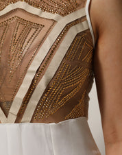 White Beige Mesh Crystal Embellished Sleeveless Jumpsuit