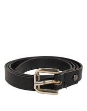 Black Leather Slim Gold Tone Buckle Waist Men Belt