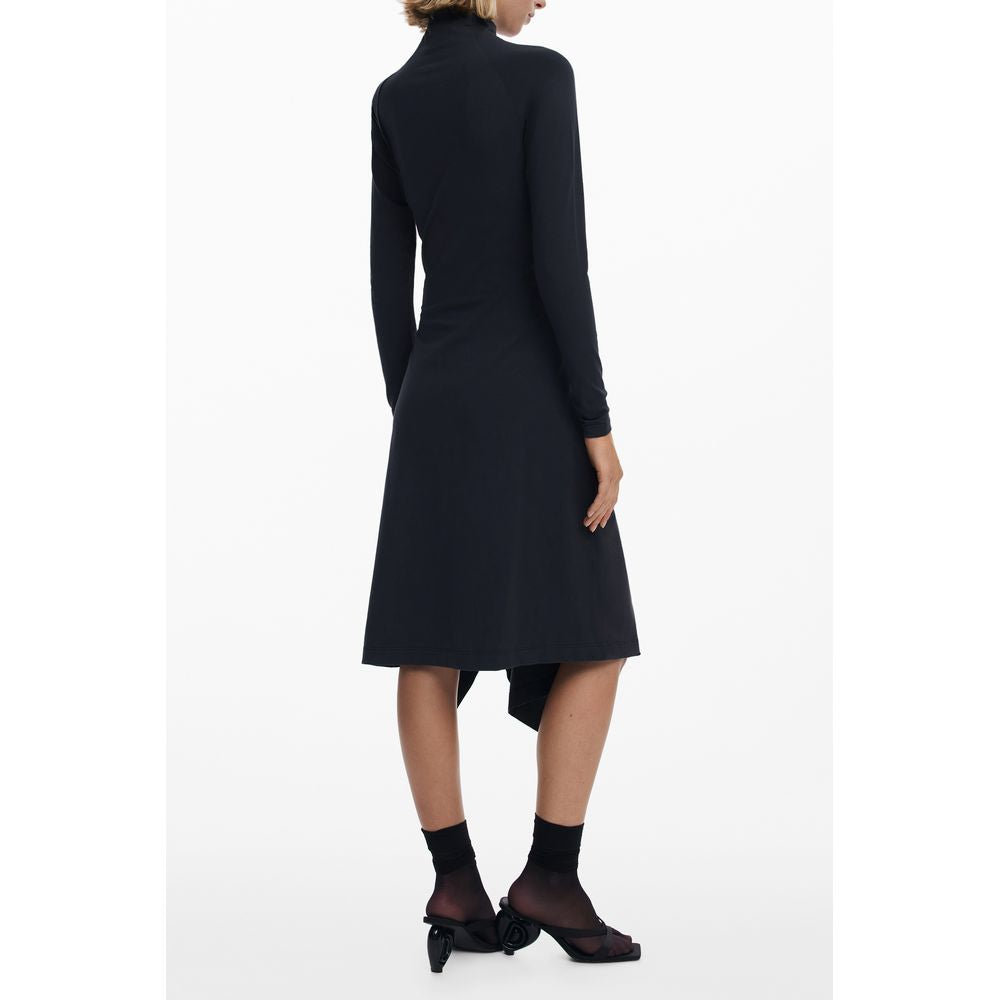 Black Cotton Women's Dress with Turtleneck and Long Sleeves