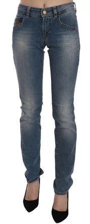 Blue Washed Mid Waist Skinny Casual Denim Pants