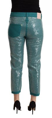 Cadet Blue Sequined Low Waist Cropped Trouser Pants