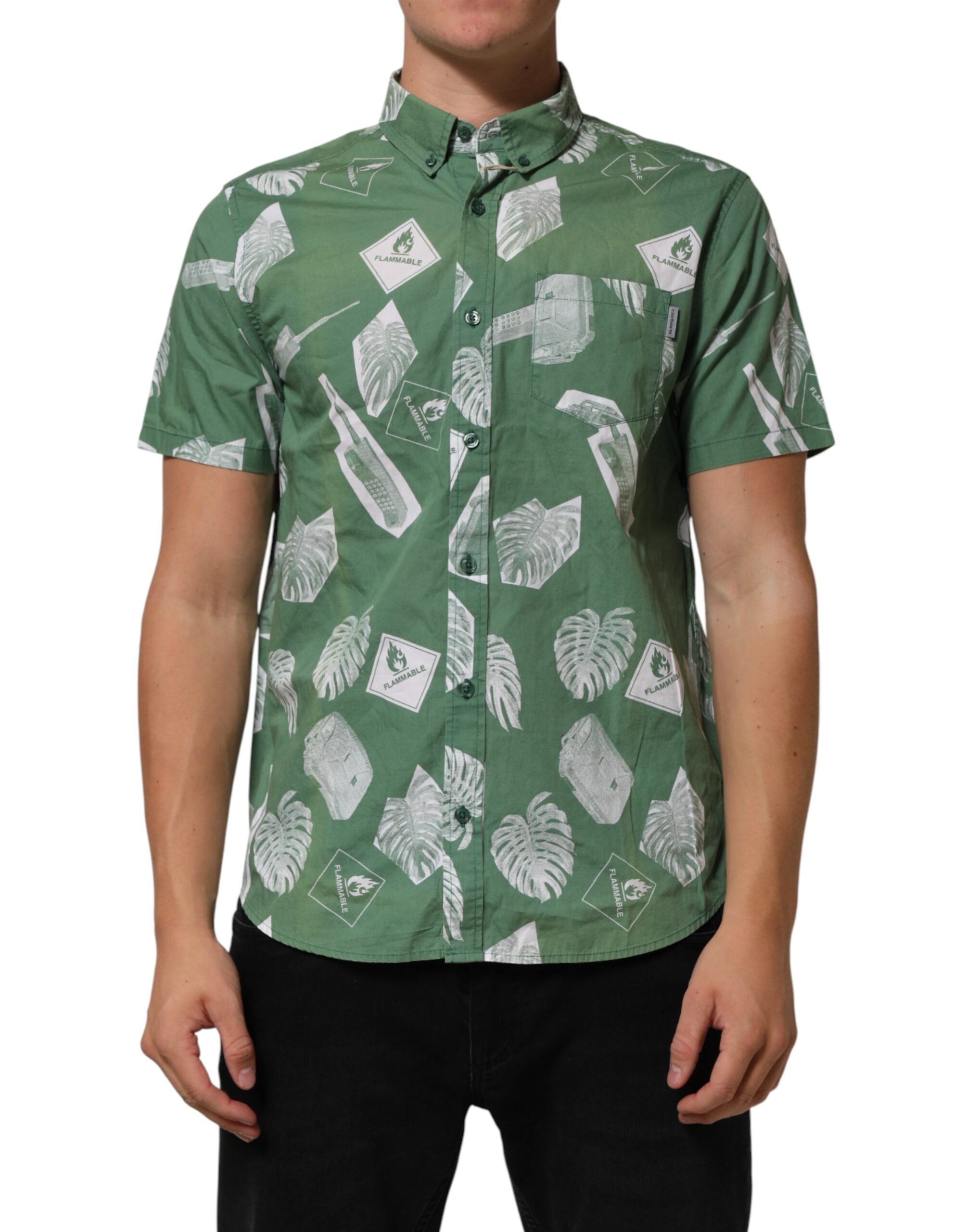 Green Printed Cotton Collared Short Sleeves Polo Shirt