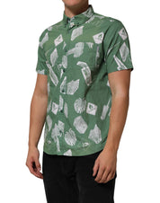 Green Printed Cotton Collared Short Sleeves Polo Shirt