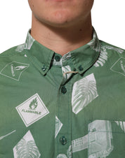 Green Printed Cotton Collared Short Sleeves Polo Shirt