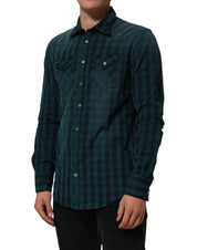 Green Checkered Cotton Button Down Long Sleeves Shirt