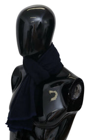 Dark Blue Wool Unisex Neck Wrap Fringes Logo Scarf