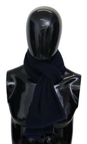 Dark Blue Wool Unisex Neck Wrap Fringes Logo Scarf