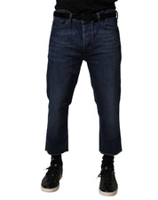 Blue Mid Waist Cotton Men Cropped Denim Jeans