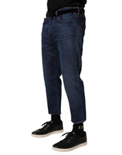 Blue Mid Waist Cotton Men Cropped Denim Jeans