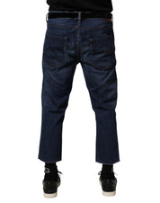 Blue Mid Waist Cotton Men Cropped Denim Jeans