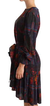 A-line Navy Blue Floral Silk Long Sleeve Knee Length Dress