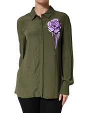Top Green Acetate Collared Long Sleeves Floral Top