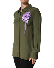 Top Green Acetate Collared Long Sleeves Floral Top