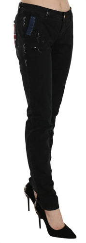 Black Low Waist White Paint Skinny Denim Pants Jeans