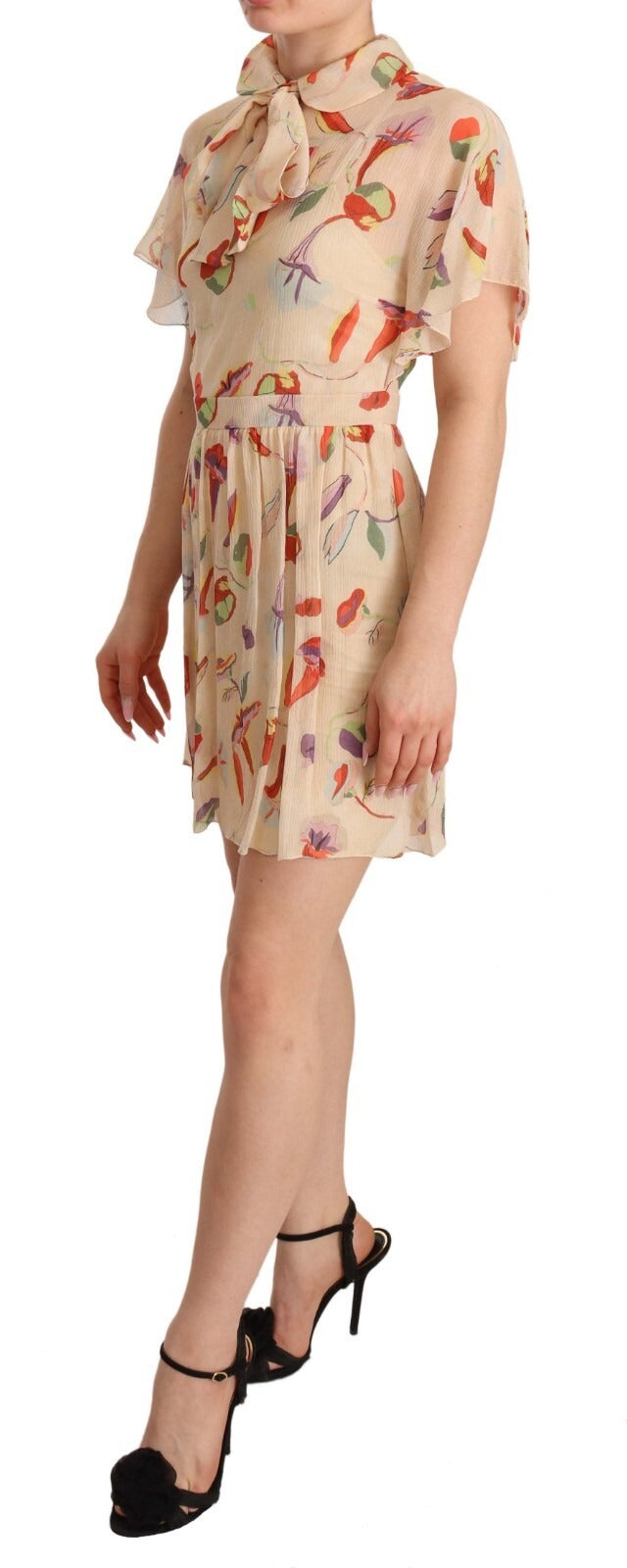 Beige Ascot Collar Short Sleeves Aline Mini Dress