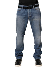 Blue Washed Mid Waist Straight Men Denim Trouser Jeans
