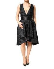 Black Jacquard Deep V-neck Sleeveless 2 Pc Dress