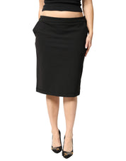 Black Polyester Pencil Cut Knee Length Women Skirt