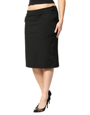 Black Polyester Pencil Cut Knee Length Women Skirt