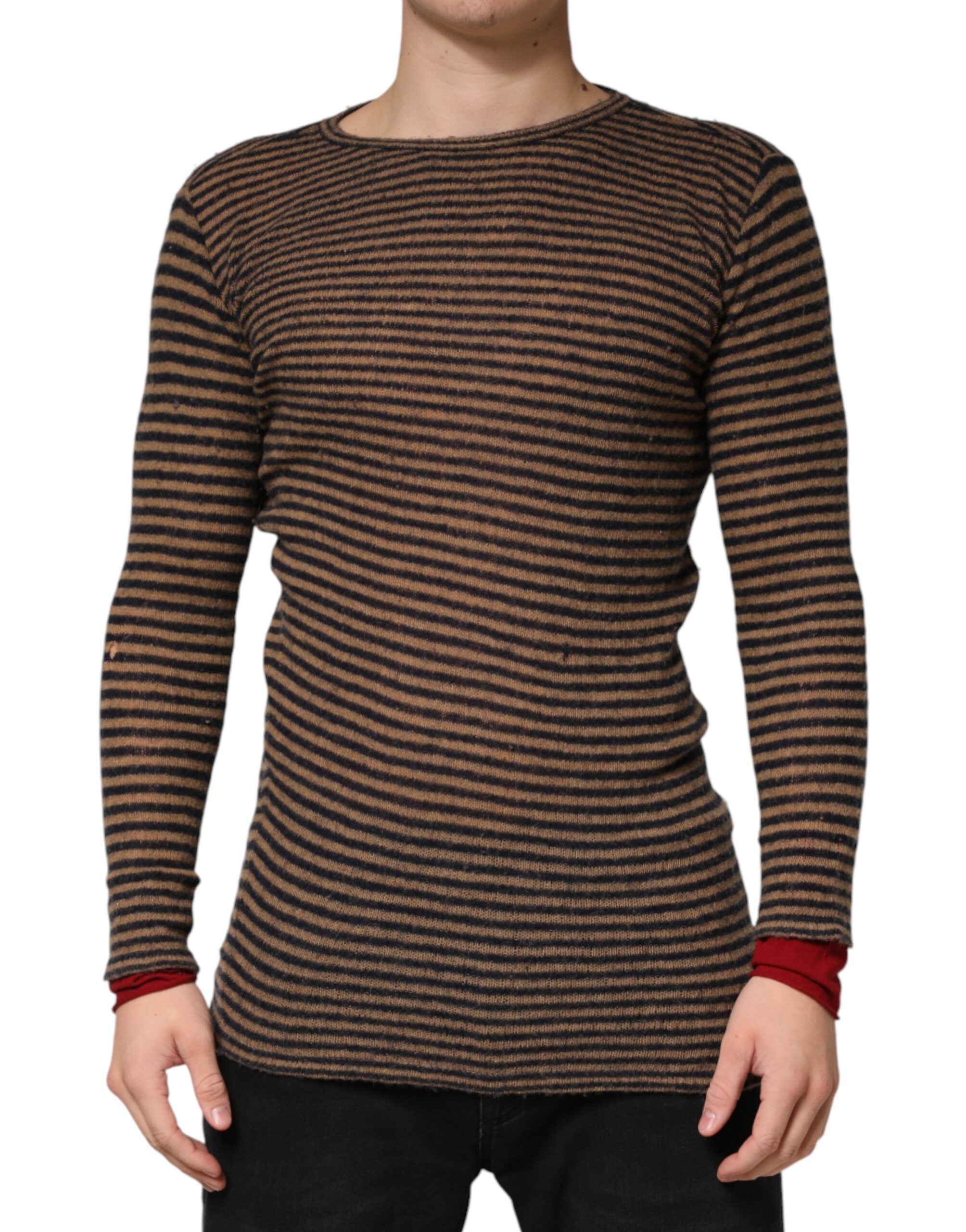 Brown Black Stripes Wool Crew Neck Pullover Sweater
