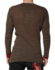 Brown Black Stripes Wool Crew Neck Pullover Sweater