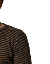 Brown Black Stripes Wool Crew Neck Pullover Sweater