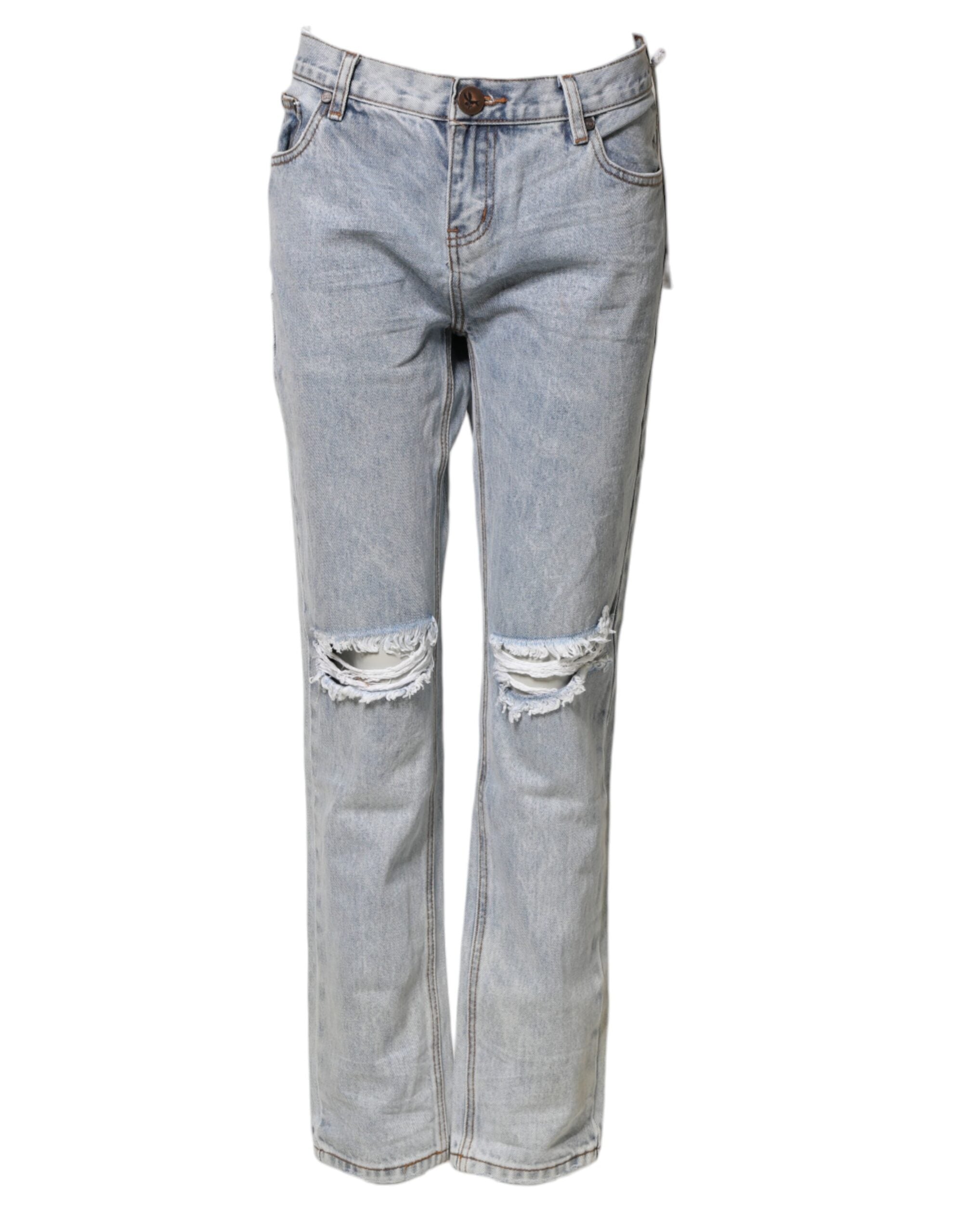 Light Blue Tattered Mid Waist Straight Denim Jeans