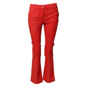 Red Flared Mid Waist Chino Casual Trouser Pants
